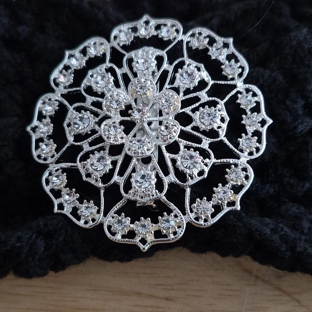 Black Crocheted Headband with Silver Brooch Accent